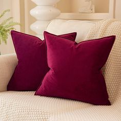 two red pillows sitting on top of a couch next to a white vase with a plant in it