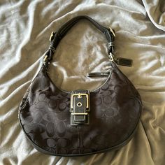 Black Coach Shoulder Bag, Gently Used, Authentic, Smoke Free Home Black Hobo Bag With Branded Hardware For Travel, Black Rectangular Hobo Bag With Branded Hardware, Coach Black Hobo Bag With Gold-tone Hardware, Body Coach, Coach Shoulder Bag, Pretty Bags, Coach Bags, Crescent, Cross Body