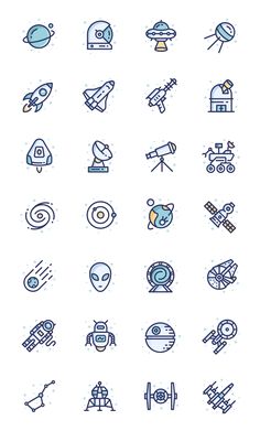 the icons are drawn in blue ink and have different types of shapes, sizes and colors