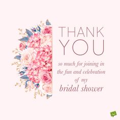 a thank card for the bride with pink flowers and greenery on it's side