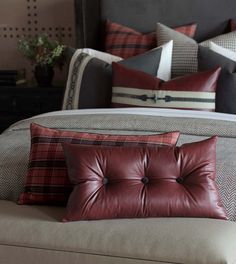 Kilbourn Kilbourn Plaid Decorative Pillow Eastern Accents Size: Accent Pillow Estate Library, Library Aesthetics, Leather Lumbar Pillow, Winged Bed, Red Decorative Pillows, Bed Scarf, Eastern Accents, Bed Runner, Rustic Lodge