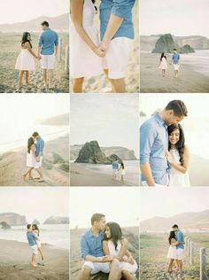 an image of a couple holding each other on the beach with mountains in the background