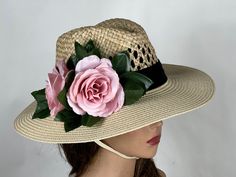 "This hat goes well for many events. Vogue hats are perfect for horse racing events, church, the Kentucky derby, weddings, garden tea parties and charity events. One size hat (21\" - 23\") elastic band inside Please visit my other shop https://www.etsy.com/shop/LadyHatsBoutique?ref=hdr_shop_me All pieces are securely wrapped & boxed to prevent damage/breakage Thank you very much for shopping at my shop Have a great day" Summer Party Fedora Costume Hat, Summer Party Brimmed Hat Bands, Kentucky Derby Fedora Straw Hat For Races, Kentucky Derby Fedora Straw Hat, Fedora Straw Hat For Party At Royal Ascot, Adjustable Boater Hat For Royal Ascot Garden Party, Summer Flat Brim Costume Hats For Races, Summer Fedora For Races, Spring Fedora For Races