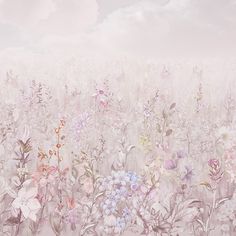 a field full of flowers with sky in the background