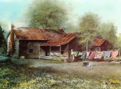 an oil painting of clothes hanging out to dry in front of a house and trees