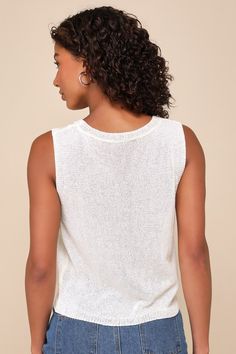 Upgraded style is easy to achieve when you've got pieces like the Lulus Clean Aesthetic Cream Sweater Knit Tank Top! Lightweight knit fabric shapes this versatile, simple top that has a sleeveless silhouette with wide tank straps and a rounded neckline. Relaxed-fit bodice finishes with ribbed knit at the hem, neckline and cuffs. Fit: This garment fits true to size. Length: Size medium measures 20" from shoulder to hem. Bust: Great for any cup size. Waist: Not Fitted - comfortable room throughout Stretch Textured Knit Solid Top, Solid Textured Knit Stretch Top, Solid Knit Tops For Layering, Solid Color Pointelle Knit Crew Neck Tops, Solid Crew Neck Pointelle Knit Tops, Solid Color Crew Neck Pointelle Knit Tops, Stretch Soft Knit Top, Solid Pointelle Knit Top, Casual Solid Color Pointelle Knit Tops