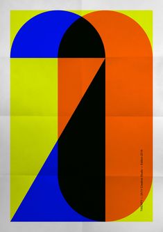 an orange, blue and yellow poster with the letter c in it's center