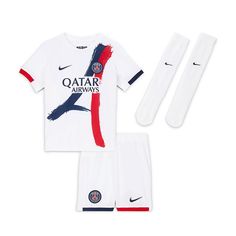 Get your little one ready to show off their Paris Saint-Germain pride with this Nike 2024/25 Away Kit Set. This adorable kit set is crafted with 100% polyester for a soft and comfortable feel against your little one's skin. The Dri-FIT technology wicks away moisture, keeping your child cool and dry whether they're playing on the field or cheering from the sidelines. The set includes a jersey, shorts, and socks, all adorned with the iconic Paris Saint-Germain crest for a complete and stylish look Nike Sporty Sports Sets, White Sports Sets With Letter Print, White Letter Print Sports Set, White Sporty Sets For Sports Events, Casual White Sets For Sports Events, White Short Sleeve Sports Sets, White Cotton Sports Sets, White Cotton Sets For Sports Events, Nike Sporty White Sets