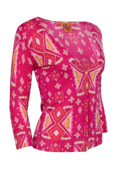 Go bright and bold for sweater weather with this cardigan from Tory Burch! Made with a vibrant funky design in soft merino wool, this colorful and cozy beauty is perfect for brightening up even the chilliest of days! Layer over a tee and your favorite jeans for a cool and casual look you can rock all season long. Size XS 100% Merino Wool Front button-up closure V-neckline Printed design Bust 33" Waist 29" Sleeve length 17" Shoulder to hem 22.5" Multicolor Cotton Cardigan With Buttons, Summer Fitted Sweater With Buttons, Fitted Summer Sweater With Buttons, Fitted Multicolor Cotton Cardigan, Casual Fitted Multicolor Cardigan, Fitted Multicolor Casual Cardigan, Fitted Multicolor Fall Cardigan, Fitted Multicolor Cardigan For Fall, Fitted Multicolor Spring Cardigan