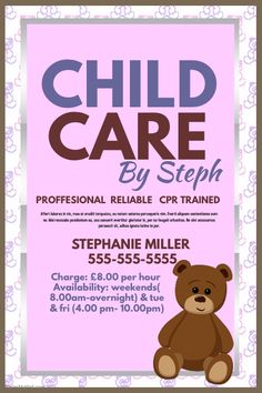 a flyer for a child care event with a teddy bear on the front and back