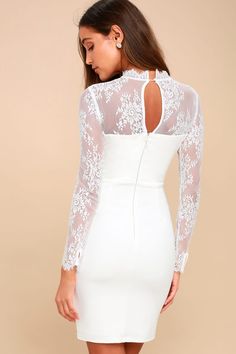 Honeymoon and Back White Lace Bodycon Dress Fitted Dress With Lace Sleeves For Date Night, Bodycon Dress With Lace Sleeves, Mini Length, Chic Fitted Dress With Lace Sleeves, Fitted Mini Dress With Lace Trim For Casual Wear, Fitted Mini Dress With Lace Trim For Dress Down, Fitted Sheath Dress With Lace Sleeves, Fitted Sheath Dress With Buttons, Fitted Long Sleeve Dresses With Lace Trim, Sheath Party Dress With Buttons