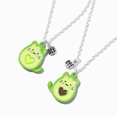 Claire's Best Friends Avocado Cat Pendant Necklaces - 2 Pack Fun Nickel-free Jewelry For Friendship, Cute Nickel-free Charm Necklace For Friendship, Trendy Cat Design Jewelry Gift, Trendy Cat Design Jewelry For Gift, Fun Silver Jewelry For Friendship, Playful Adjustable Silver Charm Necklace, Trendy Green Charm Necklace For Gift, Trendy Green Charm Necklace Perfect For Gifts, Cute Adjustable Charm Necklace For Friendship