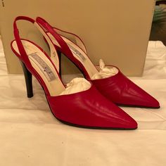 Never Worn Classic Red Closed Toe Heels, Classic Red Heels With Pointed Toe, Classic Red Open Heel Heels, Red Classic Court Shoes For Party, Red Pointed Toe Heels For Formal Occasions, Red Open Toe Court Shoes, Red Closed Toe Court Shoes For Formal Occasions, Red Court Shoes With 4-inch Heel For Formal Occasions, Red Closed Toe Court Shoes For Formal Events