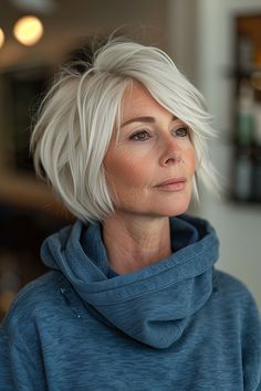 The Trendiest Layered Bob Haircuts of 2024 Shaggy Grey Hairstyles, Chin Length Bob Curtain Bangs, Short Textured Bob Haircuts, Icy Cool Blonde Hair Color, Messy Long Pixie, Chunky Bob Haircut, Chin Length Layered Hair, Stacked Bob Haircut For Fine Hair, Short Feathered Bob