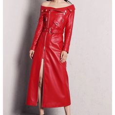 Red Midi Leather Dress In Size Xl Fits Like A Large. Zipper Going Both Ways, Can Control How Much You Open. Leather Maxi Dress, Vintage White Lace Dress, Club Dresses Black, Red Leather Dress, Beautiful Mini Dresses, Belted Shift Dress, Eileen Fisher Dress, Blue Striped Top, Red Midi