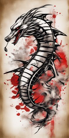 a drawing of a dragon with blood splattered on it