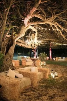 hay bales and candles are placed under the trees in front of an outdoor seating area