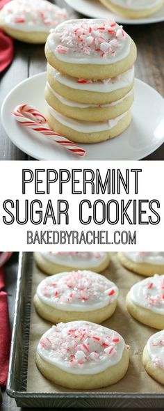 peppermint sugar cookies with white frosting and sprinkles on top