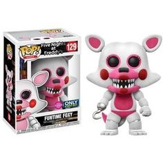 the pop vinyl figure is pink and white with fangs on it's face,