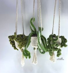 three crocheted plants hanging from strings on the wall, one is green and the other is white