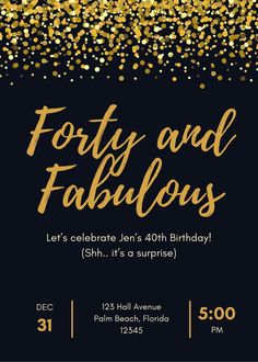 a black and gold birthday party card with confetti and fabulous foil glitters