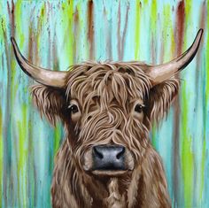 a painting of a brown cow with long horns on it's head and an abstract background