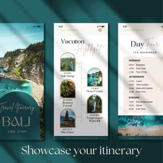 three travel brochures with the words showcase your itinerary on one side