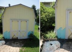 two pictures of a small yellow barn with blue trim and doors on the side of it