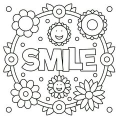 the word smile surrounded by flowers and sunflowers in a circle with an inscription