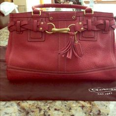 Red Leather Authentic Coach Handbag. Like New Except For Water Mark On Inside Of One Handle And Little Eat And Tear On Bottom Corner (See Phots). Red Satchel With Handle Drop For Office, Red Coach Satchel With Top Carry Handle, Red Leather Satchel With Branded Hardware, Red Coach Shoulder Bag For Office, Chic Red Satchel With Leather Handles, Red Leather-handled Satchel For Formal Occasions, Elegant Red Satchel With Leather Handles, Red Leather Bag With Branded Hardware, Red Coach Satchel