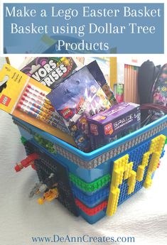 a basket filled with legos and other toys