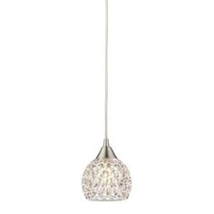 a chrome and crystal pendant light fixture with an oval glass ball hanging from the ceiling