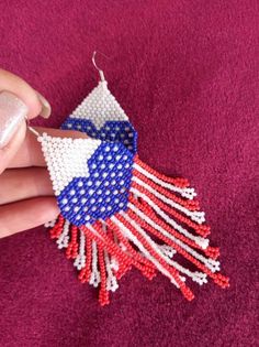 Patriotic earrings long beaded earrings, handmade earrings. america flag earrings, independence day earrings Measurements: Length - 4.72 inches (12 cm) (including ear wires). Width - 1.57 inches (4 cm) Materials: Colour hooks silver Czech beads and strong synthetic thread.  Handmade earrings from high-quality Czech beads. Patriotic earrings can  until Israel's Independence Day. It can also make a great gift.   100% handmade. Shipping worldwide Please note that due to lighting effects, monitor's brightness, contrast and other settings, there might be some slight differences in the color tone/shade of the web site's photo and the actual item. Patriotic Earrings For Summer Gift, Handmade Red Beaded Earrings For 4th Of July, Patriotic Dangle Earrings For Independence Day, Patriotic Beaded Earrings For 4th Of July, Handmade White Earrings For 4th Of July, White Dangle Earrings For 4th Of July, White Beaded Jewelry For Independence Day, Independence Day Dangle Earrings As Gift, Independence Day Dangle Earrings Gift