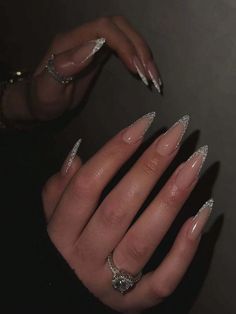 Silver  Collar   Plants Color Nails Embellished   Nail,Hand & Foot Care Sparkly French Tips, Pink Stiletto Nails, Glitter French Nails, Glitter French Tips, Sharp Nails, French Tip Acrylic Nails, Fake Nails With Glue, Almond Acrylic Nails, New Year's Nails