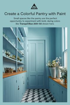 a blue room with shelves filled with vases and flowers