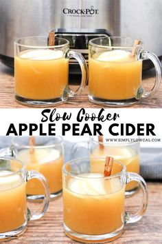 slow cooker apple pear cider with cinnamon sticks in the mugs and on the side