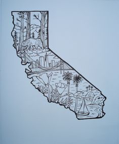 a black and white drawing of the state of california with trees, water, and boats