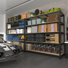 a car is parked in front of a garage shelving unit