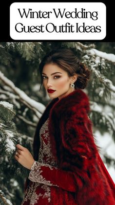 a woman wearing a red fur coat in the snow