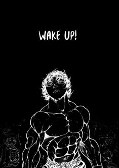 a black and white drawing of a man with the words wake up on it's chest