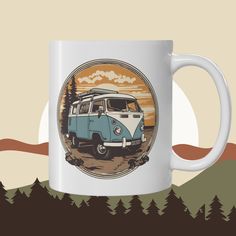 a coffee mug with an image of a camper van