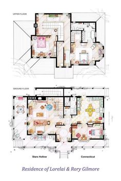 two floor plans with different rooms and furniture in each room, one has a couch