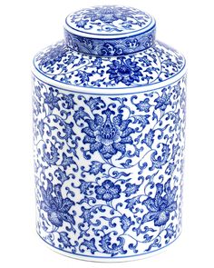 a blue and white vase with an intricate design on it's lid is shown