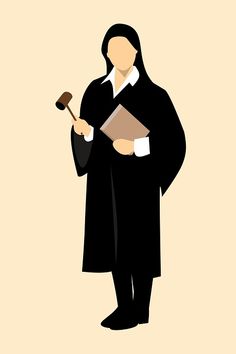 a woman in a black robe holding a book and a mallet with her hands