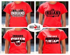 "Personalized Indians School Spirit T-Shirt Crewneck, Hoodie Hooded Sweatshirt Football, Baseball, Basketball, Softball, Track, Volleyball, Cross Country, Cheer, Wrestling Not all colors are available in all sizes and styles.  Please check the color and size charts in photos. We do our best to accurately represent shirt colors by using actual photos but do understand that all monitors will display differently. Please contact us prior to purchase with any questions on sizing or colors. Sticker sheet includes 4 waterproof stickers of the same design. Max size 2.5\" X 1.5\" at largest dimension. Sizes varying depending on design. Product Proofs: Shirts: A product proof will be emailed to you within 1 business day.  Please keep an eye on your Etsy messages and reply with any changes within 24 Red Pre-shrunk T-shirt For Cheerleading, Red Team Spirit T-shirt For Cheerleading, Red School Spirit T-shirt For Cheerleading, Red School Spirit Top With Sublimation Print, Red T-shirt For Cheerleading With School Spirit, Casual Red T-shirt For Cheerleading, Cheerleading Crew Neck Top With Screen Print, Red Cotton T-shirt For Cheerleading, Red Short Sleeve Top For Cheerleading