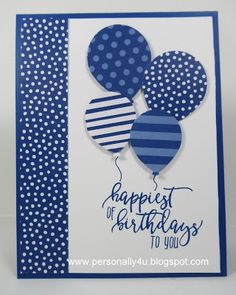 a blue and white birthday card with balloons