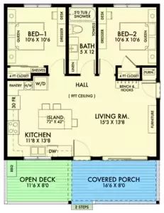 the floor plan for a two bedroom apartment with an attached kitchen and living room area