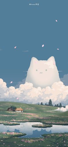 a cat that is sitting in the sky above some water and clouds with pink flowers