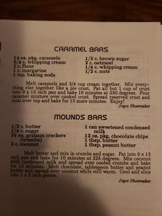 an open book with instructions on how to make caramel bars