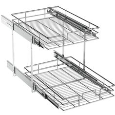 two metal shelves are stacked on top of each other